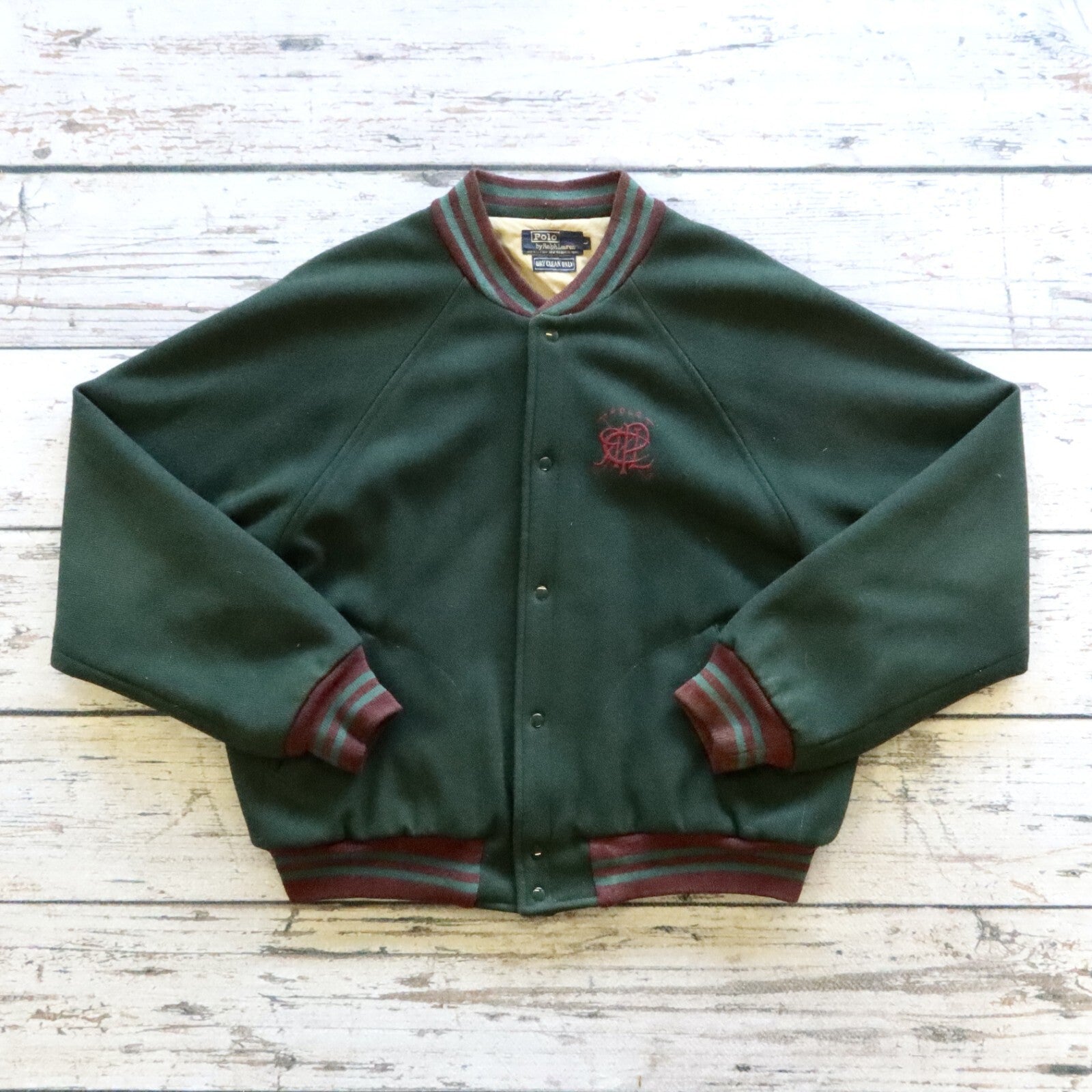 Vintage 90s Polo Ralph Lauren Crest Logo Wool Varsity Bomber Jacket Made in USA