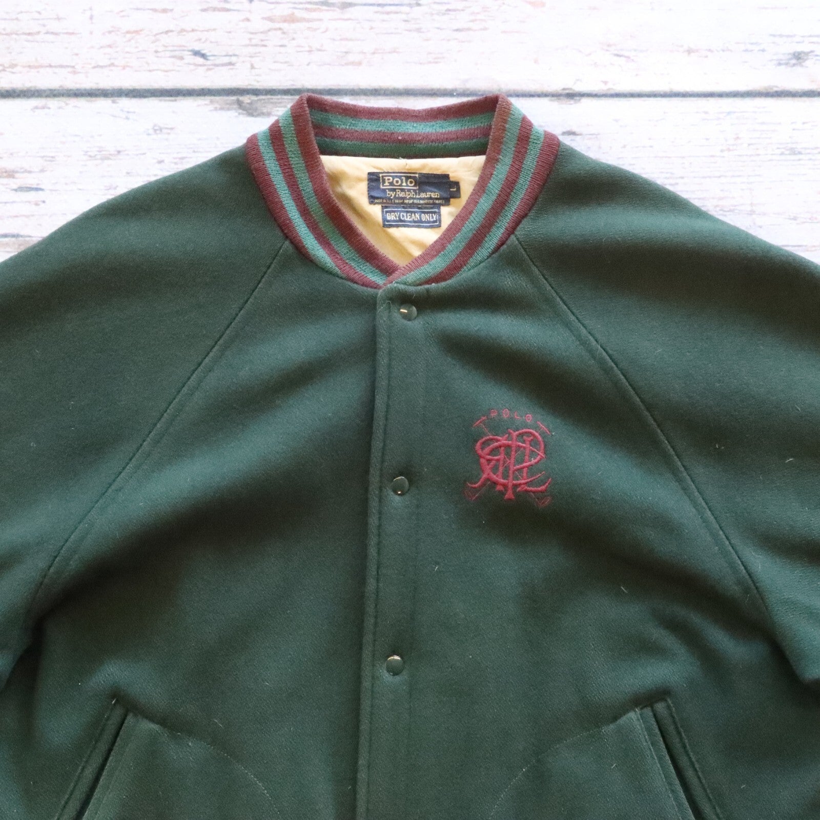 Vintage 90s Polo Ralph Lauren Crest Logo Wool Varsity Bomber Jacket Made in USA