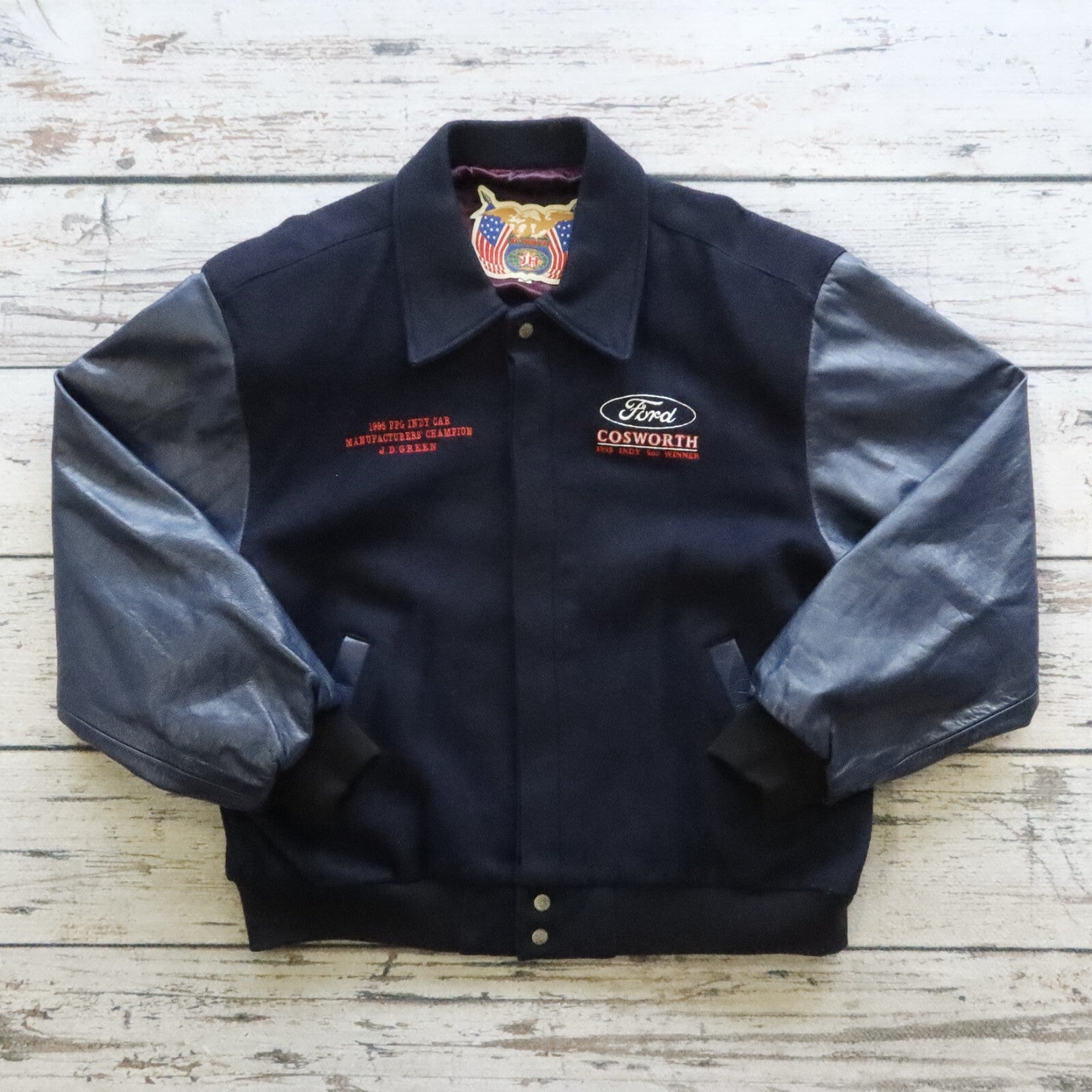 Vintage 90s Jeff Hamilton Ford Cosworth Leather Wool Varsity Jacket