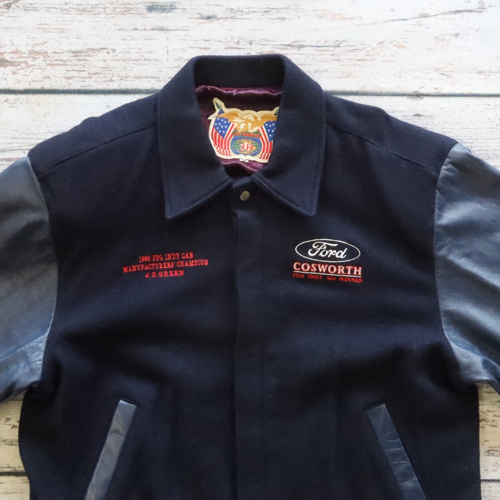 Vintage 90s Jeff Hamilton Ford Cosworth Leather Wool Varsity Jacket