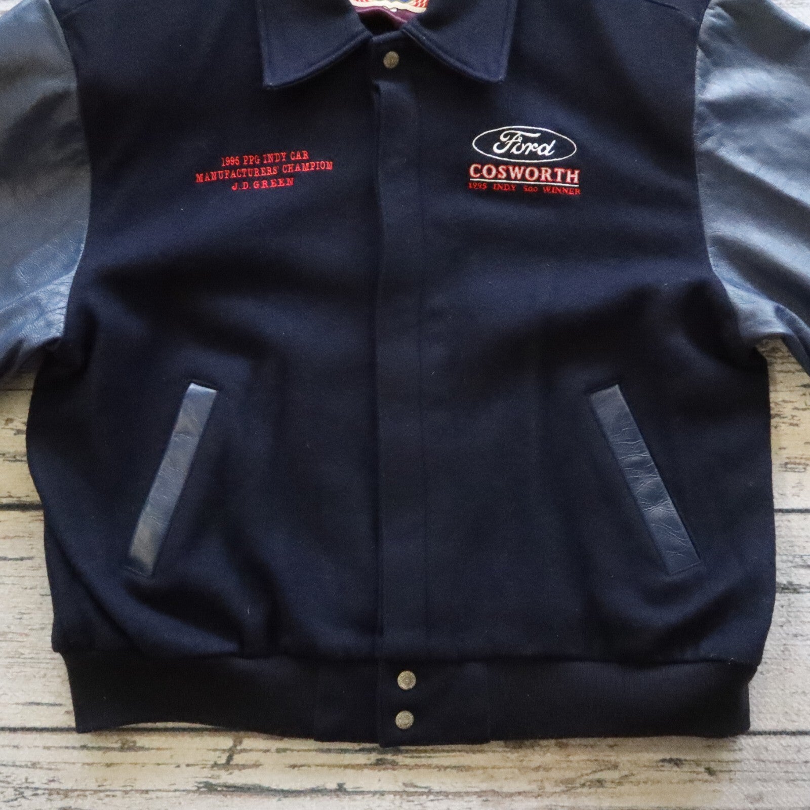 Vintage 90s Jeff Hamilton Ford Cosworth Leather Wool Varsity Jacket